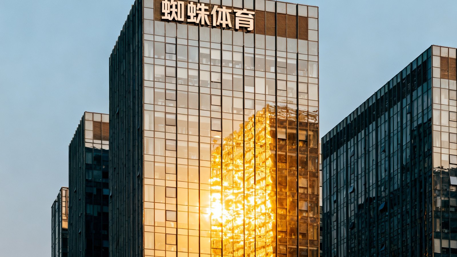 蜘蛛体育位于北京朝阳区建国路88号的总部办公楼外景，现代化玻璃幕墙建筑在阳光下熠熠生辉，楼顶悬挂公司标识旗帜
