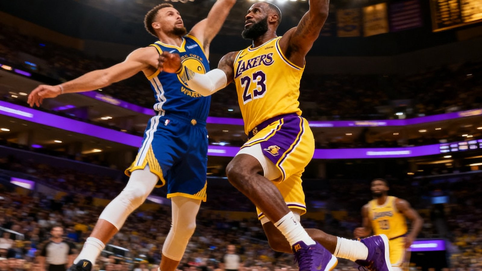 NBA常规赛湖人主场对阵勇士，勒布朗詹姆斯持球突破禁区面对防守飞身上篮的特写画面，球馆灯光璀璨